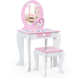 NNECW Kids Vanity Table and Chair Set with Mirror and Stool for Little Girls