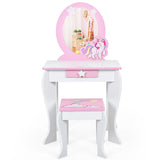NNECW Kids Vanity Table and Chair Set with Mirror and Stool for Little Girls