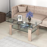 NNECW Rectangle Coffee Table with Tempered Glass Top and 2-Tier Storage Shelf for Living Room