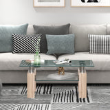 NNECW Rectangle Coffee Table with Tempered Glass Top and 2-Tier Storage Shelf for Living Room