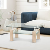 NNECW Rectangle Coffee Table with Tempered Glass Top and 2-Tier Storage Shelf for Living Room
