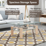 NNECW Rectangle Coffee Table with Tempered Glass Top and 2-Tier Storage Shelf for Living Room