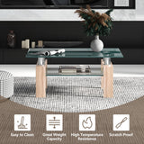 NNECW Rectangle Coffee Table with Tempered Glass Top and 2-Tier Storage Shelf for Living Room