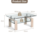 NNECW Rectangle Coffee Table with Tempered Glass Top and 2-Tier Storage Shelf for Living Room