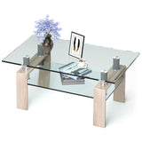 NNECW Rectangle Coffee Table with Tempered Glass Top and 2-Tier Storage Shelf for Living Room