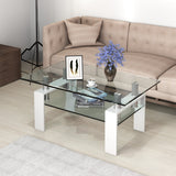 NNECW Rectangular Glass Coffee Table with Lower Shelf for Living Room