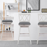 NNECW 2 Pieces Swivel Bar Stools with Backrest &amp Rubber Wood Legs-White-108 cm