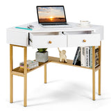 NNECW Corner Computer Desk with 2 Large Drawers & Storage Shelf for Office
