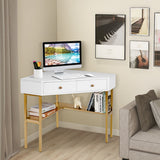 NNECW Corner Computer Desk with 2 Large Drawers & Storage Shelf for Office