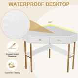 NNECW Triangular Corner Computer Desk with 2 Drawers and Storage Shelves-White