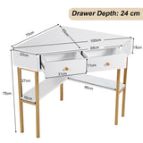 NNECW Triangular Corner Computer Desk with 2 Drawers and Storage Shelves-White