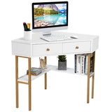 NNECW Triangular Corner Computer Desk with 2 Drawers and Storage Shelves-White