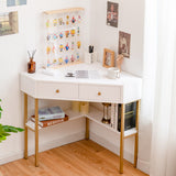 NNECW Triangular Corner Computer Desk with 2 Drawers and Storage Shelves-White