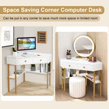 NNECW Triangular Corner Computer Desk with 2 Drawers and Storage Shelves-White