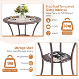 NNECW Outdoor Round Patio Bistro Table with Tempered Glass Tabletop and Storage Shelf 