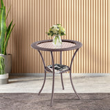 NNECW Outdoor Round Patio Bistro Table with Tempered Glass Tabletop and Storage Shelf 