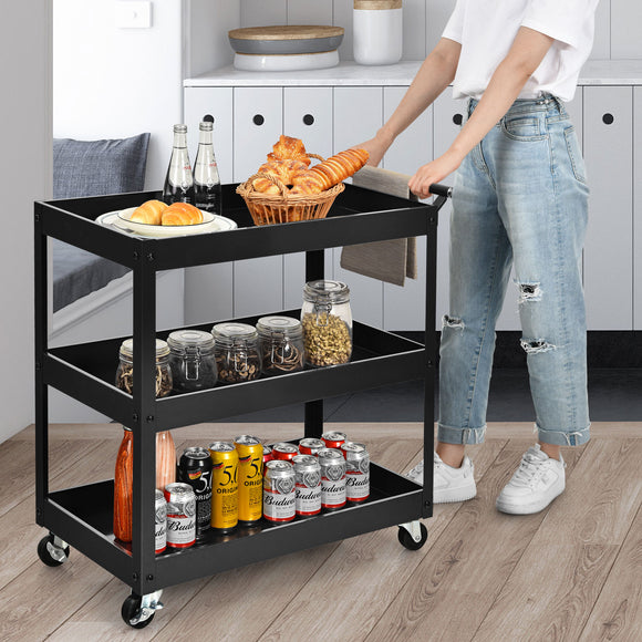 NNECW 3-Tier Utility Cart with Humanized Handle for Office Kitchen-Black