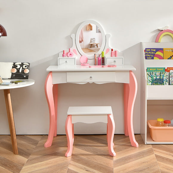NNECW Kids Makeup Table Stool Set with Mirror Drawer for Bedroom
