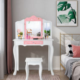 NNECW Kids Makeup Table Chair Set with Tri-folding Mirror for Bedroom