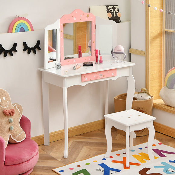 NNECW Kids Makeup Table Chair Set with Tri-folding Mirror for Bedroom