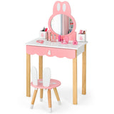 NNECW Kids Vanity Table & Chair Set with Rabbit Mirror & Storage Drawer