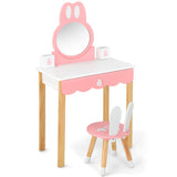 NNECW Kids Vanity Table & Chair Set with Rabbit Mirror & Storage Drawer