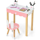 NNECW Kids Vanity Table & Chair Set with Rabbit Mirror & Storage Drawer