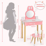 NNECW Kids Vanity Table & Chair Set with Rabbit Mirror & Storage Drawer