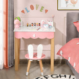 NNECW Kids Vanity Table & Chair Set with Rabbit Mirror & Storage Drawer