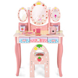 NNECW Kids Princess Vanity Table &amp Chair Set with 360 Rotating Mirror-Pink