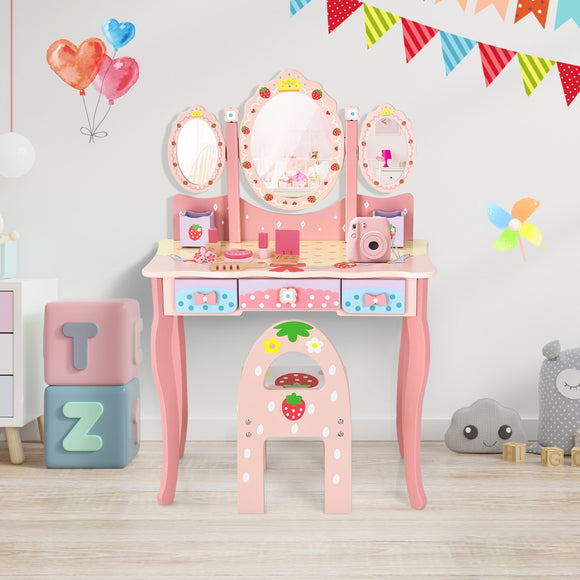 NNECW Kids Princess Vanity Table & Chair Set with 360 Rotating Mirror-Pink