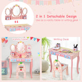 NNECW Kids Princess Vanity Table &amp Chair Set with 360 Rotating Mirror-Pink