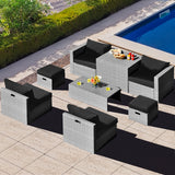 NNECW  8-Piece Outdoor Grey PE Rattan Conversation Set with Washable Cushion Covers-Black