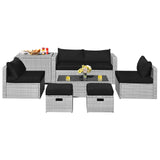 NNECW  8-Piece Outdoor Grey PE Rattan Conversation Set with Washable Cushion Covers-Black
