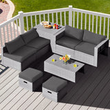 NNECW  8-Piece Outdoor Grey PE Rattan Conversation Set with Washable Cushion Covers-Grey