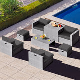 NNECW  8-Piece Outdoor Grey PE Rattan Conversation Set with Washable Cushion Covers-Grey