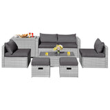NNECW  8-Piece Outdoor Grey PE Rattan Conversation Set with Washable Cushion Covers-Grey
