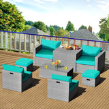 NNECW  8-Piece Outdoor Grey PE Rattan Conversation Set with Washable Cushion Covers-Green