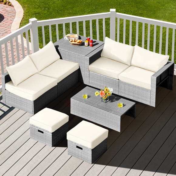 NNECW  8-Piece Outdoor Grey PE Rattan Conversation Set with Washable Cushion Covers-White