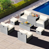 NNECW  8-Piece Outdoor Grey PE Rattan Conversation Set with Washable Cushion Covers-White