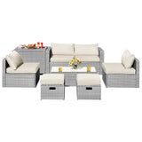 NNECW  8-Piece Outdoor Grey PE Rattan Conversation Set with Washable Cushion Covers-White