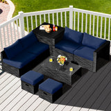 NNECW  8 Pieces Outdoor PE Rattan Conversation Set with Washable Cushion Covers-Navy
