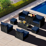 NNECW  8 Pieces Outdoor PE Rattan Conversation Set with Washable Cushion Covers-Navy