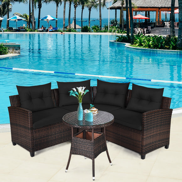 NNECW 4-Piece Patio Wicker Furniture Set with Cushion-Black