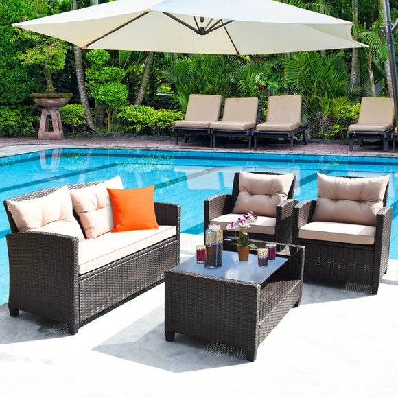 NNECW 4-Piece Rattan Chair Set with Loveseat & Coffee table for Patio