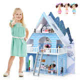 NNECW Wooden Dollhouse Playset with 15 Pieces Furniture for Kids