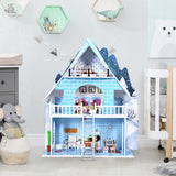 NNECW Wooden Dollhouse Playset with 15 Pieces Furniture for Kids