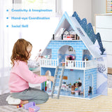 NNECW Wooden Dollhouse Playset with 15 Pieces Furniture for Kids