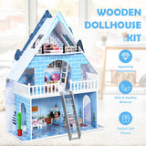NNECW Wooden Dollhouse Playset with 15 Pieces Furniture for Kids
