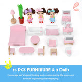 NNECW Wooden Dollhouse Playset with 15 Pieces Furniture for Kids